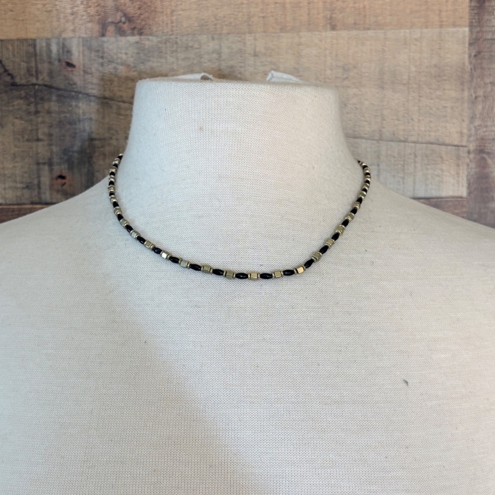 Vintage Minimalist Black and Gold Beaded Choker Necklace 17 Inch